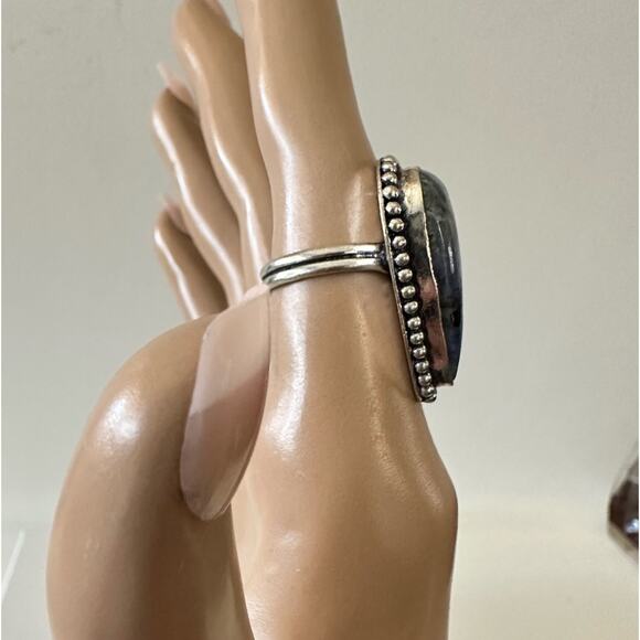 Blue aventurine gemstone ring stamp 925 silver plated size 6 - Picture 2 of 5